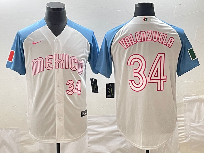 Men's Mexico Baseball #34 Fernando Valenzuela 2023 White Blue World Baseball Classic Stitched Jersey Men's Mexico Baseball #34 Fernando Valenzuela 2023 White Blue World Baseball Classic Stitched Jersey